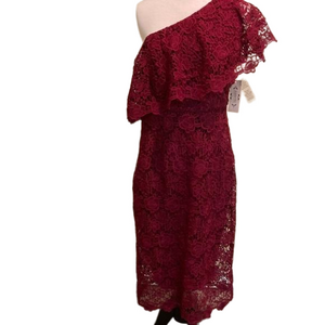 Nanette Lepore | Dresses | Nanette Lepore Oneshoulder Dress Lace Cranberry  Red Midi Size Nwt 15900 | Poshmark